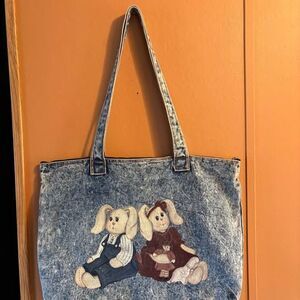 Shane acid washed denim tote bag customized painted grannycore Country Bunnies